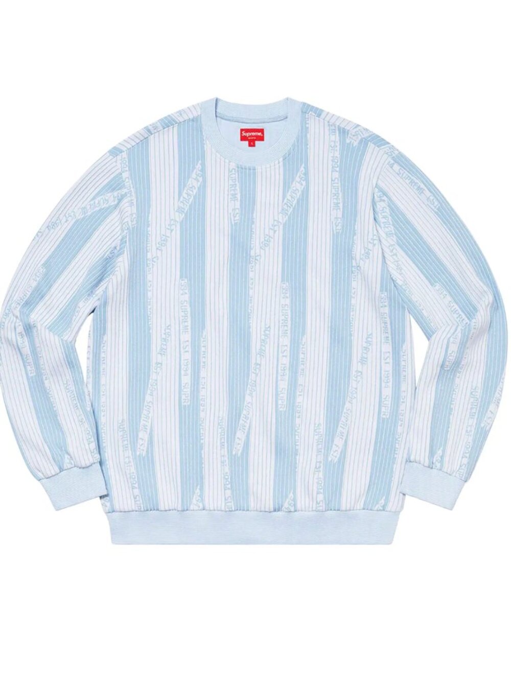 Supreme - Light Blue Authentic FW20 Texture Stripe Crewneck Sweatshirt - L - NWT